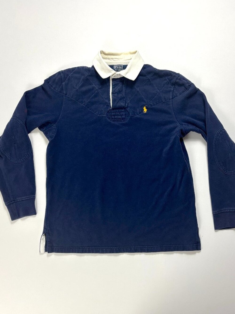 Vintage Polo Ralph Lauren Mens Fleece Lined Rugby Shirt Navy Sz M Elbow Patch